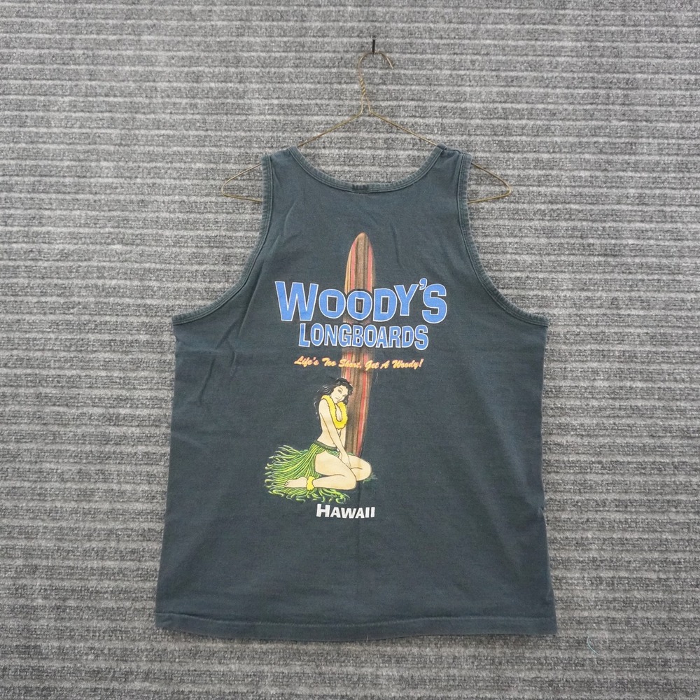 Vintage 90s Woody's Longboards Tank Top Mens M Black Surf Hawaii Graphic